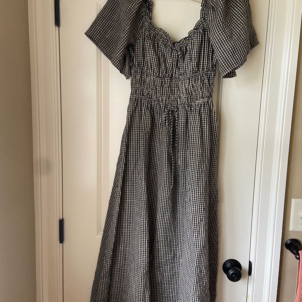 Stories Black and Beige Gingham Peasant Dress